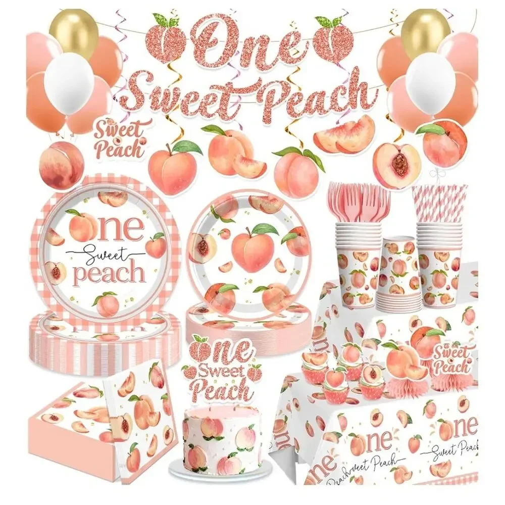 One Sweet Peach Birthday Party Decor Set 205 pieces Serves 25 NIP
